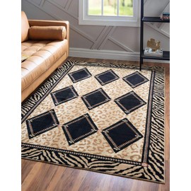 Unique Loom Wildlife Collection Leopard Geometric Border Animal Print Light Brown Area Rug (7' 0 x 10' 0)