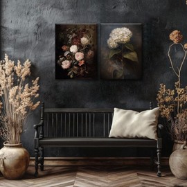 2 Pcs Vintage Floral Botanical Wall Art Farmhouse Country Still Life Classical Canvas Print Art Elegant Dark Bedroom Rose and Hydrangea Paintings Picture for Living Room Office 16x24 Inch Frame