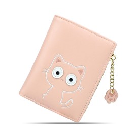 conisy Cute Purses for Women, Bifold RFID Protection Leather Small Wallet with Zipper Coin Purse for Ladies and Girls (cat Pink)
