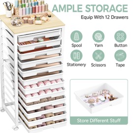 SYKIARIOL Rolling Cart with Drawers,12 Drawer Rolling Cart,Rolling storage cart with drawers,White Rolling Drawer Cart,Teacher Rolling Cart for Classroom Storage,Craft Cart with Wooden Tabletop