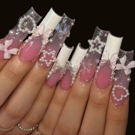 IMRAIN Long Press on Nails Square Fake Nails White Clear Gradient French Tips Nail Art Acrylic Glossy False Nails with Cute Bow & Heart Designs Full Cover Glitter Extra Long Pink Nail Supplies