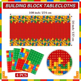 Oudain 4 Pcs Building Block Tablecloths Colorful Building Blocks Birthday Party Decorations 54 x 108 Inch Disposable Plastic Brick Table Cover Waterproof Brick Themed Party Supplies (Red,Green)