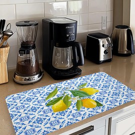 GOOZHO Blue and White Floral Lemon Dish Drying Mat, Mediterranean Tiles Coffee Bar Mat for Countertops, Lemons Absorbent Dish Drying Mats for Kitchen Counter Coffee Maker, 16x24 Inch