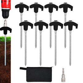 8 Pack Screw in Tent Stakes Heavy Duty,8 Inch Ground Anchors Screw in,Metal Stakes with Hex Head Driver,Camping Tent Accessories.(Black)