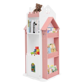 ACNAO Rotating Bookshelf, Children's Bookcase 360° Revolving Floor Standing Shelves Rotating Bookshelf Kids Castle Bookshelves Tower Spinning Bookcase for Bedroom Living Room (White) (Pink,White)