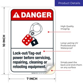 Sigo Signs, Lock-Out Tag-Out Power Before Servicing Sign, ANSI Danger Sign, 10x7 Inches, 4 Mil Vinyl Decal Stickers Weather Resistant UV Protected, Made in USA