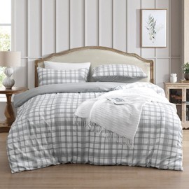 PHF Washed Soft Duvet Cover Set Super King Size, 3PCS Checkered Comforter Cover Set, Ultra Soft Duvet Cover with Pillow Shams Bedding Collection(Super King Size, 260 x 220 cm, Grey)