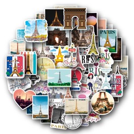 Paris Stickers Pack of 50 Waterproof Cute Eiffel Tower Stickers for Water Bottles Laptop Skateboard Motorcycle Car Bicycle Scrapbook Luggage Vinyl Vintage Building Stickers for Children Teenagers
