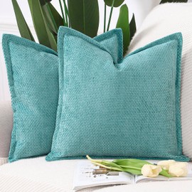 Madizz Set of 2 Chenille Velvet Cushion Covers with Flange Soft Boho Textured Throw Pillow Covers Broadside Pillowcases Modern Farmhouse Home Decor for Sofa Bedroom Turquoise 16x16 inch, 40x40 cm