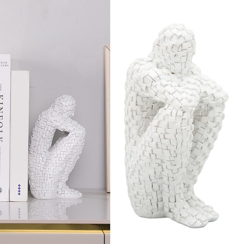 Abstract Mosaic Sculpture White Resin Eco Friendly Bookend Function Thinker