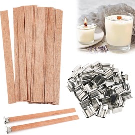 100 pcs Wooden Candle Wicks for Candle Making 0.75 * 5.1 inch Crackling Wood Wicks/Smokeless Candle Wick with Metal Base Clip 50 Sets
