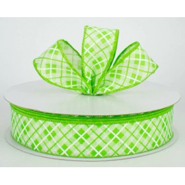 1.5" wired ribbon lime green argyle plaid with white lines canvas 5 yards