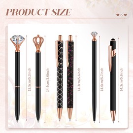 Qeeenar 6 Pcs Ballpoint Pens Set Metal Crystal Diamond Pen for Journaling Glitter Pretty Cute Stationery Black Ink Fancy Gifts for Women Girls Teacher Office Wedding School Supplies(Black)