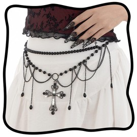 Urieo Pearl Cross Waist Chain Belt Tassel Crucifix Black Belly Chains Crystal Adjustable Bikini Party Dress Body Jewelry for Women