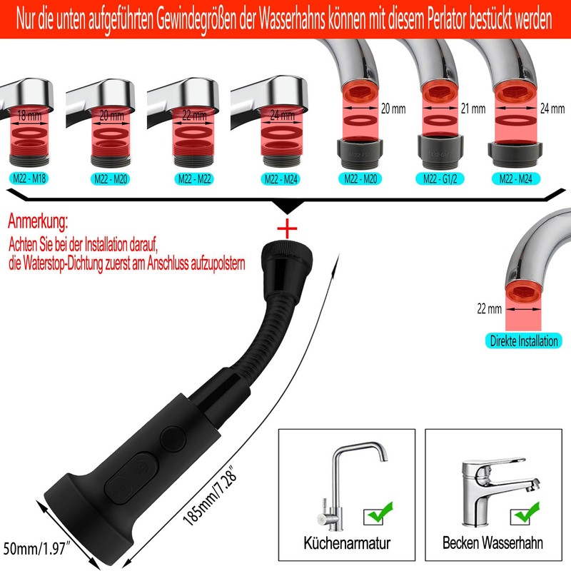 Black Tap Attachment with Hose, Swivelling Aerators for Taps, Kitchen
