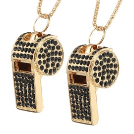 PATIKIL Bling Whistle, 2Pcs Crystal Rhinestone Metal Whistle with Chain Loud Crisp Sound for Coach Referee Captain Basketball Survival, Black