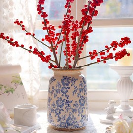 Ronasip Vintage Blue and White Chinoiserie Ceramic Vase, 6.9” Hand-Painted Peony Floral Design, Antique Style Home Decor