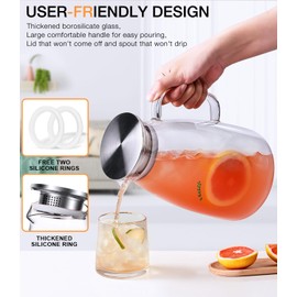 LUNA & MANTHA 2.1 Liter 72oz Water Pitcher with Handle and Spout, Glass Pitcher with Lid for Fridge, Borosilicate Glass for Sangria, Iced Tea, Juice, Cold/Hot Beverage, Large Jug with 2 Silicone Rings