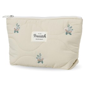 Precatch Women's Makeup Pouch, Cosmetic Storage, Large Capacity, Makeup Pouch, Toiletry Pouch, Stylish Floral Print, Embroidery, Storage Bag, Easy to Carry, Soft, beige