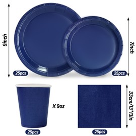 Whaline 100Pcs Navy Blue Tableware Set Wedding Disposable Dinnerware Set 50Pcs Paper Plates 25Pcs Napkins 25Pcs Cups for 25 Guests Wedding Birthday Bride Party Supplies Table Decorations