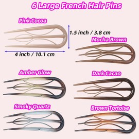 6PCS Prestige Hair Pins for Women, U Shaped French Hair Pins with Internal Teeth for Fine Thin Thick Hair Bun Twist Hairstyle Accessories (Bright Series)