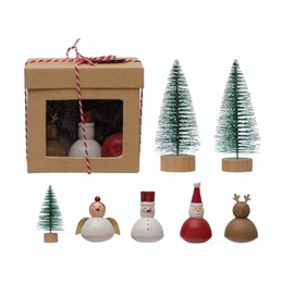 Creative Co-Op Christmas Garden Kit with Hand-Painted Wood Figures and Bottle Brush Trees, Multicolor