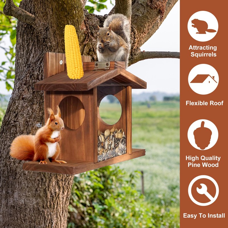 Squirrel Feeder, Wooden Hanging Feeding Station with 2 Entrances and
