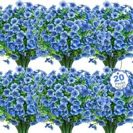 Besteek 20 Bundles Artificial Flowers for Outdoors Decoration Fake Silk Flowers UV Resistant Faux Plants Artificial Daisy Eucalyptus for Spring Summer Garden Yard Porch Window Home Decor, Blue