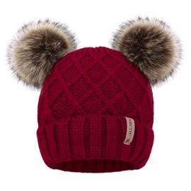 Arctic Paw Winter Cable Knit Fleece Lined Warm Pom Pom Beanie for Women Burgundy