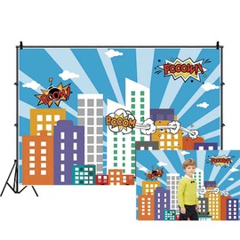 Renaiss 5x3ft Superhero City Theme Backdrop Skyline Buildings City Boom View Cityscape Background Photography for Kids Boys Baby Shower Birthday Party Decor Banner Photo Booth Props