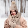 Women Winter Knit Warm Hat Beanie Scarf Gloves Set Pom