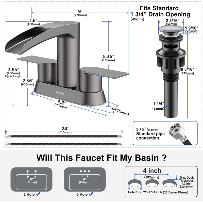 Bathroom Sink Faucet for 3 Hole, Hurran 4 Inch Bathroom