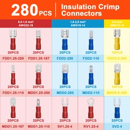 Druuzyl 280pcs Crimp Connector Set, 15 Types Insulated Flat Spade Terminals with Fork & Ring Connectors - Automotive Electrical Wire Terminals Kit for Car, Truck, Motorcycle (Assorted Sizes)