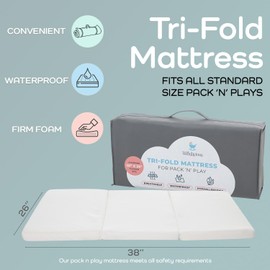 Waterproof Pack and Play Mattress Topper | 38" x 26" x 1.5" | Trifold Style - Breathable Soft Plush Foam - Portable Mattress Topper - Baby Foam Mattresses for Babies