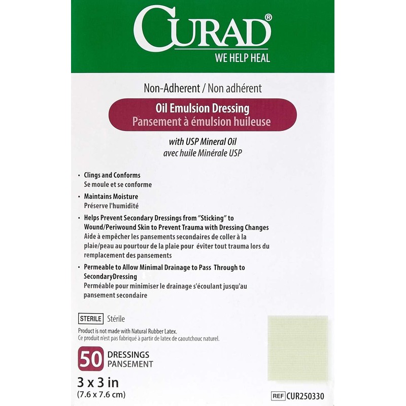 Curad Sterile Oil Emulsion Non-Adherent Gauze Dressing, 3x3 inches, for