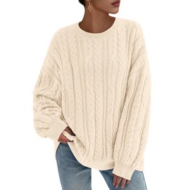 KIRUNDO Oversized Cable Knit Sweater Women 2025 Early Fall Fashion Chunky Cozy Long Sleeve Crewneck Pullover Winter Clothing(Cream, X-Large)