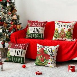 AVOIN colorlife Merry Christmas Trees Balls Peace Joy Love Throw Pillow Covers, 18 x 18 Inch Merry and Bright Believe Red Green Seasonal Winter Holiday Cushion Case Decoration for Sofa Couch Set of 4