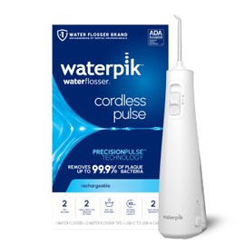 Waterpik Cordless Pulse Rechargeable Portable Water Flosser for Teeth, Gums, Braces Care and Travel with 2 Flossing Tips, Waterproof for Shower Use, ADA Accepted, WF-20 White, Packaging May Vary