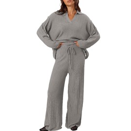 Cakulo Womens 2024 Lounge Sets 2 Piece Outfits Knit Sweater Matching Set Ribbed Wide Leg Loungewear Sweatsuits Grey L