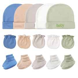 DRESHOW Newborn Baby Hat Mittens Socks Set Infant Cotton Beanie Gloves No Scratches Thick Warm Socks Baby Boys Girls 0-6 Months, 5 Sets C: Hat + Mittens + Socks, Unit size