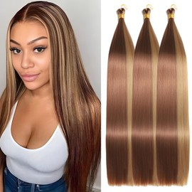 Locescsoc 24 Inch Straight Hair Extensions 150g 3 Packs Bone Straight Braiding Hair, 27/30 Ariel Straight Ponytail Hair Bundles, Ombre Soft Synthetic Crochet Box Braids for Women(27/30, 24 Inch)