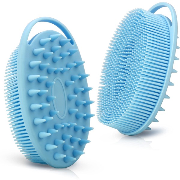 Upgrade 2 in 1 Bath and Shampoo Brush, Silicone Body Scrubber for Use in Shower, Exfoliating Body Brush, Premium Silicone Loofah, Head Scrubber, Scalp Massager/Brush, Easy to Clean (1PC Blue)