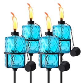 4 Pack Blue Glass Garden Torch,60-Inch Outdoor Torch Garden Décor, Upgraded 12 oz Citronella Torches with 3-Prong Grounded Stake,Metal Light Torches for Party Patio Pathway