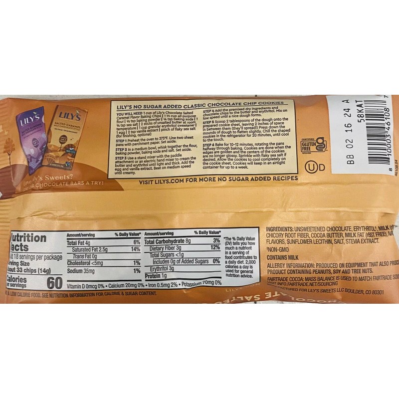 Lily's LILYS CHOCOLATE SALTED CARAMEL Stevia Sweetened Baking Morsel Chips