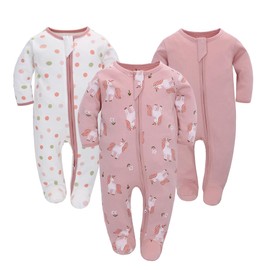 Newborn Baby Boys Girls Romper with Foot Baby Pyjamas One-Piece Long Sleeve Jumpsuit Infant Spring Autumn Bodysuit, Pack of 3, pink