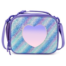 mibasies Girls Lunch Bag for Kids Insulated Lunch Box with Shoulder Strap and Bottle Holder, Green Blue Purple