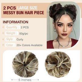 Qunlinta 2 PCS Large Messy Bun Hair Piece, Thick Wavy Curly Hair Bun Scrunchies Extensions Synthetic Chignon Updo Hairpieces for Women Girls Brown Mix Bleach Blonde