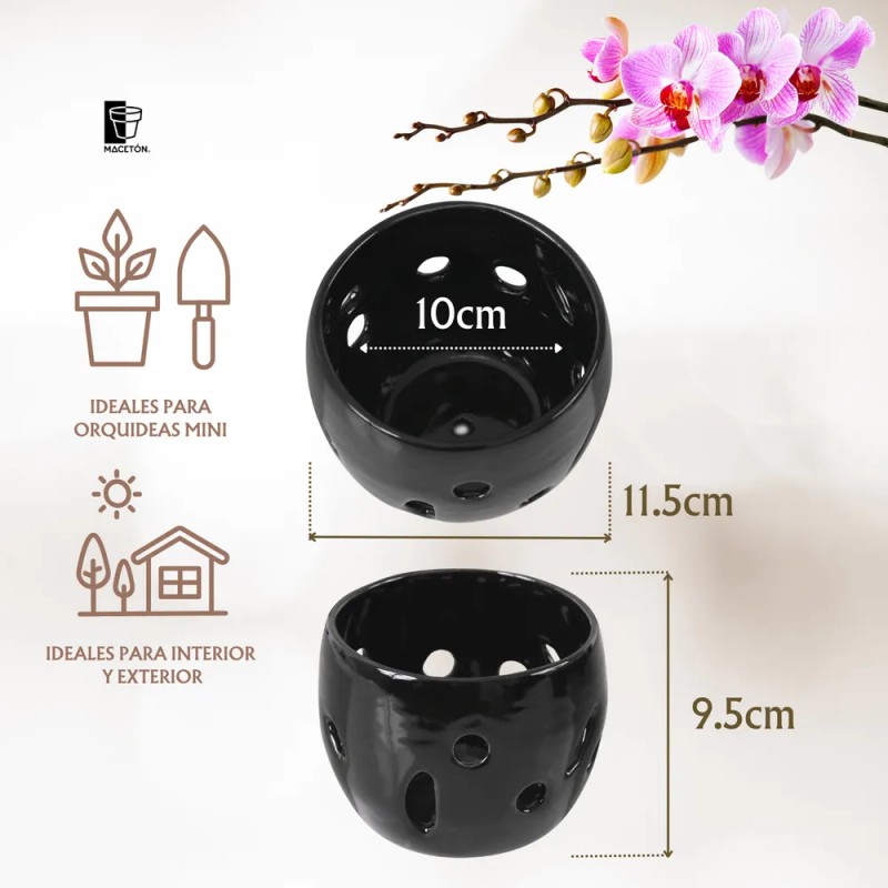 Maceta De Cerámica Esmalte Negro Para Orquídeas Pequeñas Calada Redonda