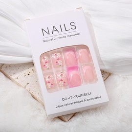 KTAABTR Pink French Tip Press on Nails Short Square Nude Glossy Fake Nails with Glue，Flower Design Acrylic Nails Stick on Nails for Women 24Pcs Nude False Nails Decoration Set