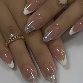 Press on Nails Medium Almond Fake Nails White French Tip Nails Press ons Glossy Glue on Nails Nude with Glitter Designs Cute Acrylic Nails Fall Winter Stick on Nails for Women 24Pcs